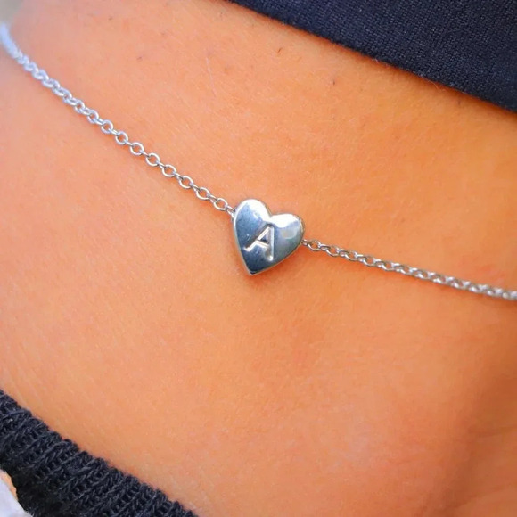 PERSONALIZEDā¤ļøHEART CHARM - A to Z, DAINTY SILVER INITIAL ANKLET GIRL, ELDM22302 - Picture 4 of 11